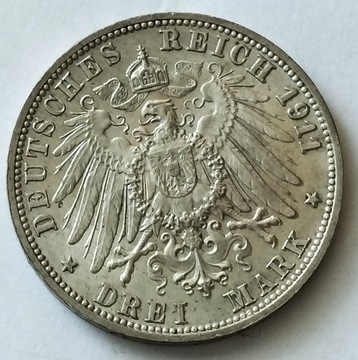 Cesarstwo Niemieckie 3 marki, 1911 r srebro 