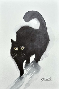 Kot . Akwarela 16x24 cm, ręcznie malowana