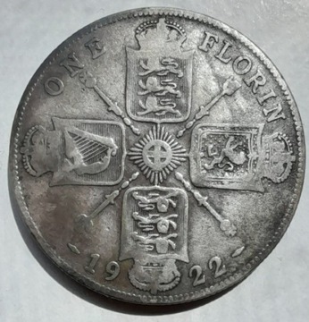 Wielka Brytania JERZY V - ONE FLORIN 1922 srebro Ag