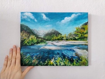 Malarstwo akrylowe pejzaż górski i jezioro 24x30cm