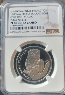 500 ZŁ SOWA Z MŁODYMI 1986 PRÓBA NIKIEL NGC PF68