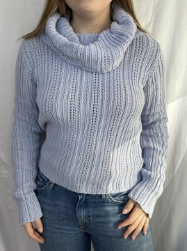 Błękitny sweter bawełniany wiosenny ażurowy M