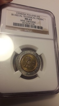 Próba tłoczenia B 5 złotych 1994 NGC MS63 RZADKOŚĆ