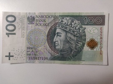 Banknot 100 zł Seria EG5827235 dla kolekcjonera 