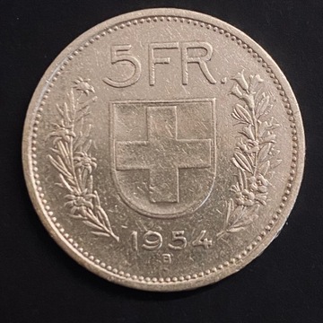 Szwajcaria, 5 franków, rok 1954, Ag 0,835