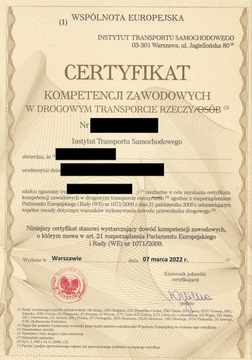 Certyfikat Kompetencji Zawodowych - transp rzeczy