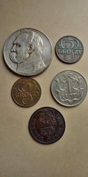 Zestaw 5 monet Piłsudski, 5gr, 1 zł, 3 pfenninge