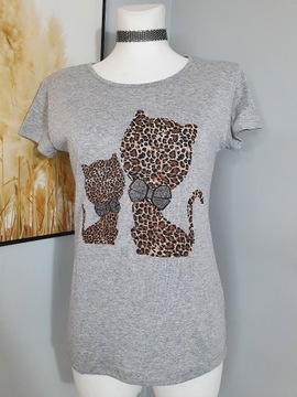 Bluzka t-shirt z kotkiem kot panterka L szara