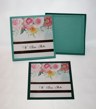 Kartka w pudełku ślub zielona kwiaty róże ślubna