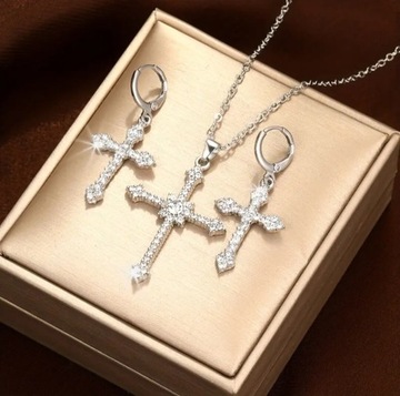 Naszyjnik z krzyżem i kolczyki z cyrkoniami zestaw srebrny  