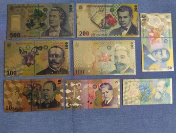 RUMUNIA banknoty pozłacane zestaw 8 sztuk
