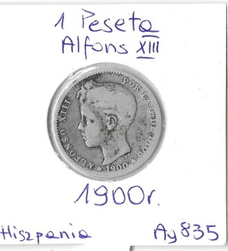 HISZPANIA, 1 peseta 1900, Alfons XIII -srebro- 