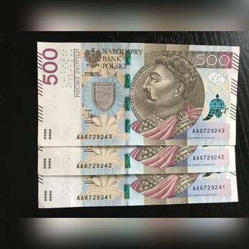 Banknoty 500PLN seria AA6XXXX41, 6XXXX42 i 6XXXX43