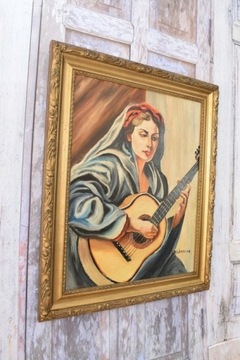 T. De. Łempicka - Kobieta z Gitarą - Stary Obraz Olejny z Francji