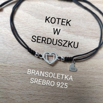 Bransoletka kot kotek w sercu srebro 925 sznurek