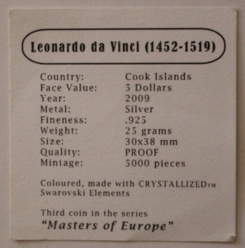 CERTYFIKAT 5 $ 2009 COOK ISLAN Leonardo da Vinci  