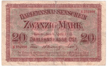 Kowno, banknot 20 marek 1918 - E - st. -4