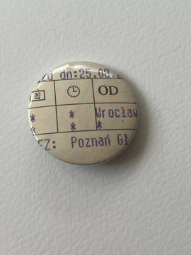 Button przypinka handmade bilet kolejowy unikat 