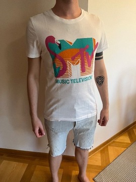 MTV t-shirt biała koszulka S z kolorowym nadrukiem