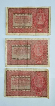 3x banknot 20 marek polskich 1919