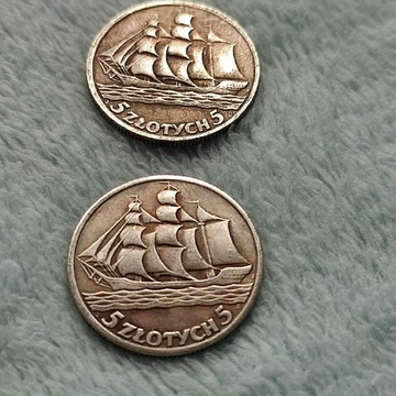Dwie monety statek 5 zł 1936