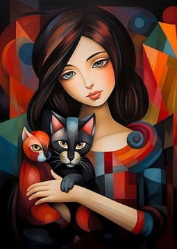 Obraz na płótnie - "Kobieta z kotami" - 50x70 cm