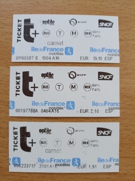Bilety Paryż komunikacja miejska, każdy o innym nominale, białe