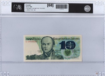 Banknot 10 zł z 1982r. seria G, UNC w gradingu 68