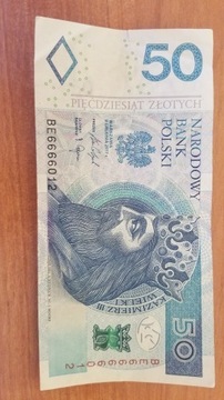 Polska Banknot 50 zł Ładny nr BE 6666012 2017 r.