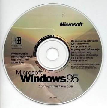 Płyta Windows 95 z certyfikatem i instrukcją.