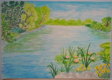 "Jezioro" obraz akwarela ręcznie malowany