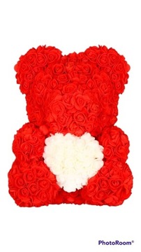 Miś z płatków róż z białym sercem 40cm XXL