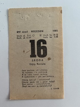 16 wrzesień 1981r kartka z kalendarza