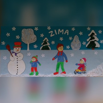 Zimowa dekoracja na gazetkę szkolną bałwan sanki