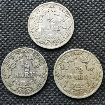 1/2 marki Trzy monety1905,1906,1914 Niemcy