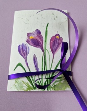 Kartka ręcznie malowana akwarela kwiaty, krokusy