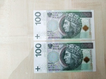 Banknoty 100 zł kolejne numery serii EE