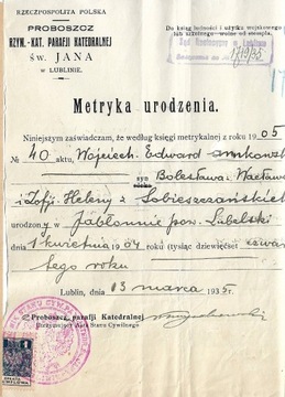 Metryka urodzenia- Parafia Św. Jana- Lublin 1935r