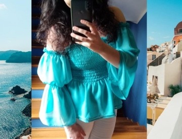 Niebieska hiszpanka, turkusowa bluzka na lato
