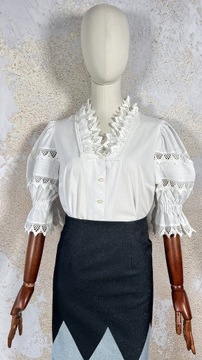 Biała bluzka bufiaste rękawy koronka vintage 38