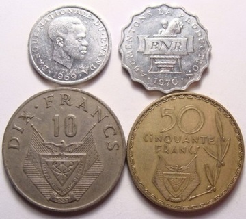 Rwanda komplet 1,2,10,50 franków z lat 60-70.