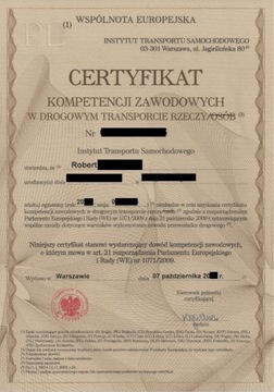 Certyfikat kompetencji zawodowych rzeczy, spedycja