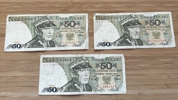 Komplet 3 banknotów 50zl 1988 seria HL