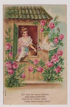 Dziewczyna Gołębie Różę 1911r LITOGRAFIA Tłoczona