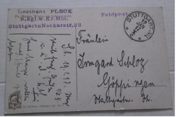  FELDPOST Leutnant Fleck Pieczątka 1917r Stuttgart