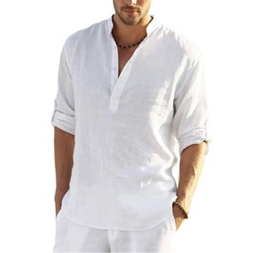 Nowa Koszula męska lniana casual bawełna z lnem XL