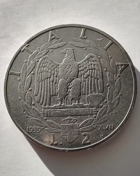 WŁOCHY 2 Lire 1939 XVII niemagnetyczna ŁADNA