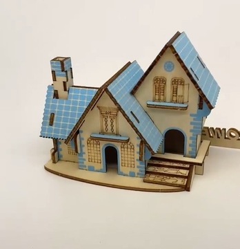 Model do składania drewniane puzzle 3D domek z niebieskim dachem