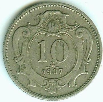 AUSTRIA 10 HELLER 1907 Ni - bardzo ładny stan