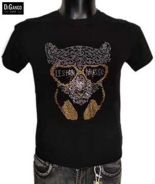 T- shirt męski czarny z cyrkoniową aplikacją kota 